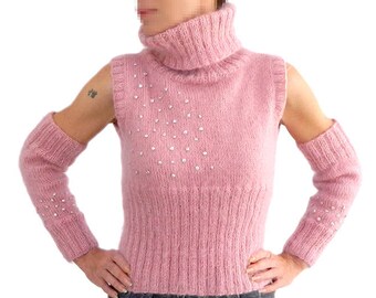 Dusty Rose mohair handknit high neck vest and sleeves set soft and warm winter clothing for women elegant knitting