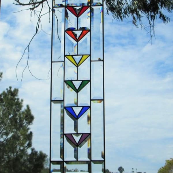 Art Deco "Rainbow Ascending" Stained Glass|Hand Cut Beveled Glass Sidelight Window.  FREE SHIPPING.