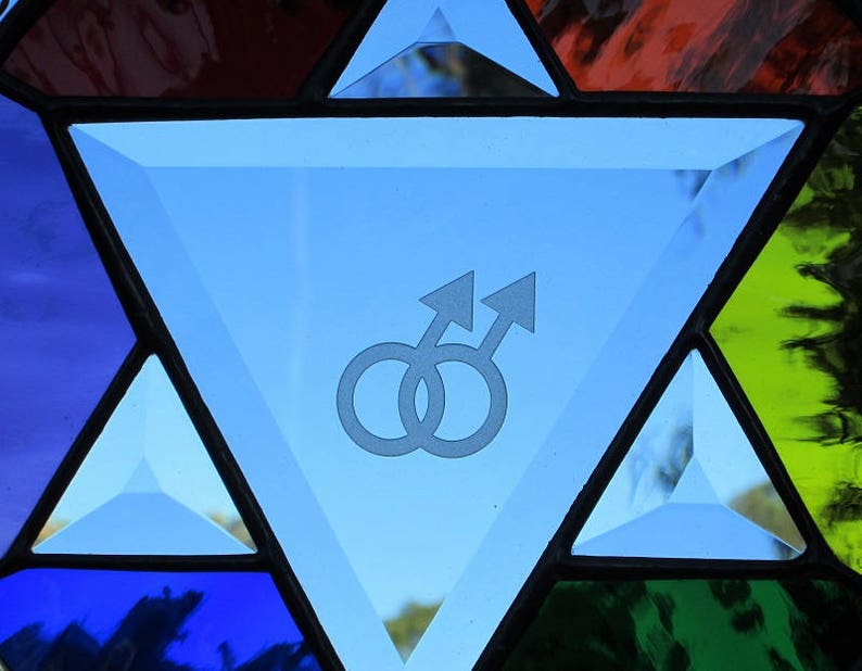 LGBT Rainbow Star Of David Stained|Beveled Glass Male Symbol Panel Suncatcher.