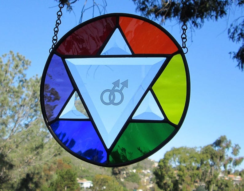 LGBT Rainbow Star Of David Stained|Beveled Glass Male Symbol Panel Suncatcher.