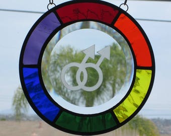 Rainbow Pride "Circle Of Love" Stained Glass|Beveled Glass Suncatcher Engraved Male Symbol.  FREE SHIPPING.