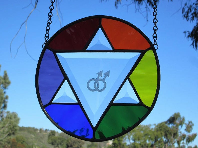 LGBT Rainbow Star Of David Stained|Beveled Glass Male Symbol Panel Suncatcher.