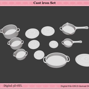May include: A set of nine white cast iron cookware pieces, including pots, pans, and lids. The set is arranged on a gray background.  Cast iron Set. Digital File ONLY-Instant Download. Digital 3D STL