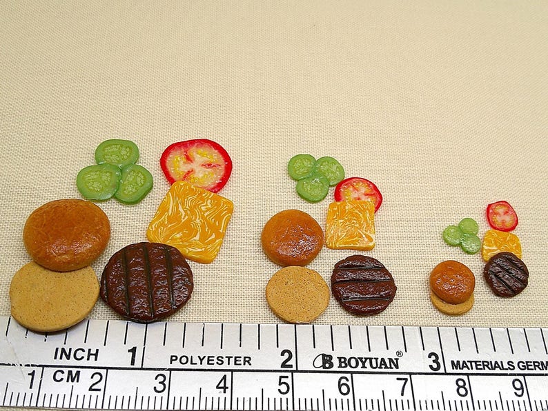 Miniature Hamburger, Patty, Bun, Tomato, Cheese*solid Orange*, Pickle ...