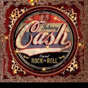 May include: A red, white, and blue circular vintage-style sign with the text "Johnny Cash" and "Original Rock 'n' Roll" in yellow. The sign has a gold glitter border and a leopard print background.