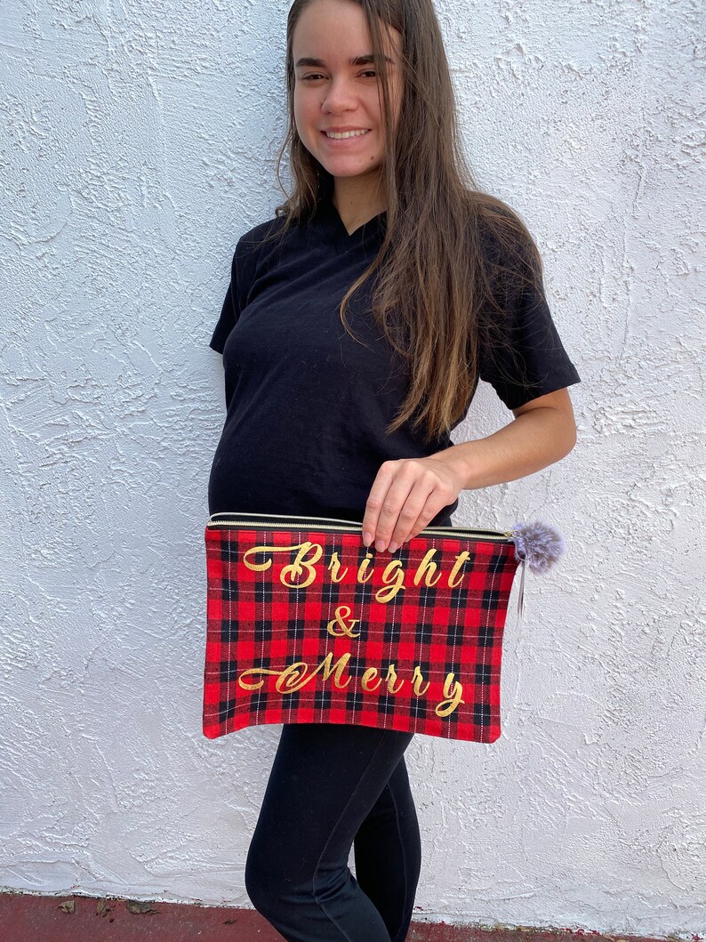 travel bag, Buffalo plaid Oversized pouch snack purse holiday clutch purse Christmas purse makeup bags