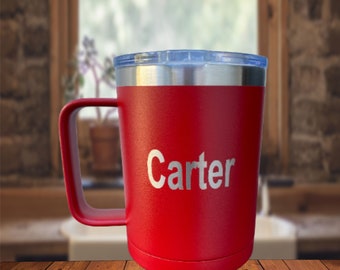 Taza de camping de 15 oz, tazas de café personalizadas grabadas con láser, taza para zurdos, tazas personalizadas, taza de café con aislamiento y monograma
