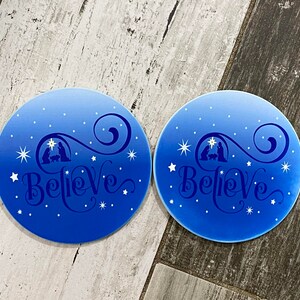 Believe coasters, sandstone coasters, Believe Jesus in Manger design, Christmas coasters