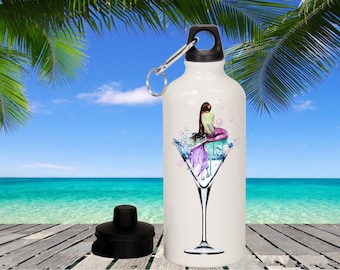 Mermaid Martini Stainless Steel Water Bottle, Personalized 20oz