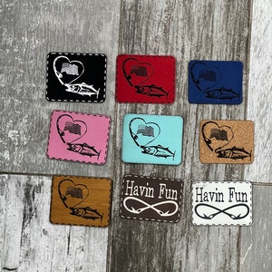 Custom laser engraved patches, leatherette hat patches, vegan leather patches. Faux leather patches