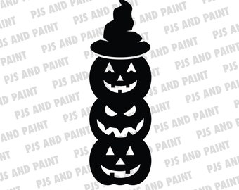 Zucche impilate con Cappello strega SVG, Zucche impilate svg, jack-o-lanterns svg impilati, zucche halloween svg, dxf, png, eps, pdf