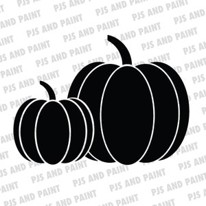 May include: Two black pumpkins, one larger than the other, are shown against a white background with repeating text.