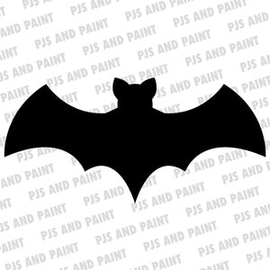 May include: A black silhouette of a bat with pointed ears and wings spread wide. The bat is centered on a white background.