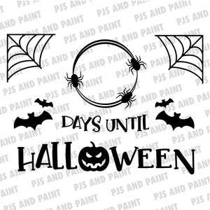 May include: Black and white graphic design with a spooky Halloween theme. It features a circle with spiders, bats, and a web. The text "Days Until Halloween" is written in a bold font with a pumpkin graphic.