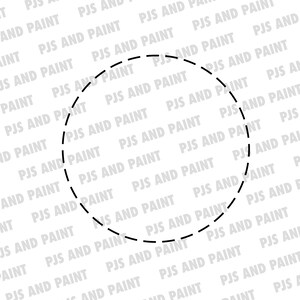 Può includere: Un cerchio nero tratteggiato su uno sfondo bianco con il testo "PJS AND PAINT" ripetuto in un motivo.