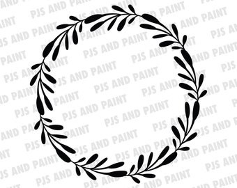 May include: A black and white wreath made of stylized leaves. The wreath is circular and has a simple, elegant design.