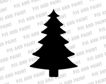 May include: A black silhouette of a Christmas tree with five points. The tree is centered on a white background.