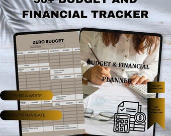 May include: Digital budget and financial planner with the text "50+ BUDGET AND FINANCIAL TRACKER". The image shows a person using a calculator and writing on a document. The planner includes sections for income, budget, and savings.