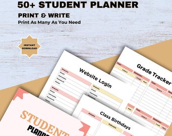 May include: Printable student planner pages featuring website login, grade tracker, and class birthdays. The design uses a soft colour palette of pink, yellow, and white. The text "50+ STUDENT PLANNER" is displayed at the top of the image.