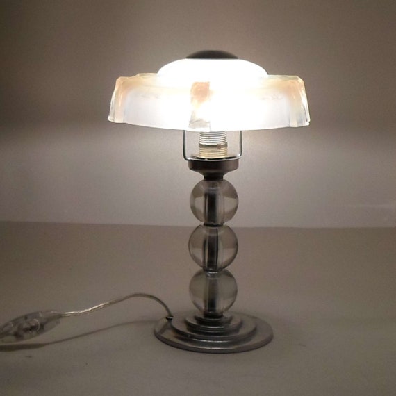 Antique Art Deco Table Lamp Metal Glass Mount With Vaseline Shade Reading Night Gift Idea
