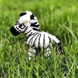 Puede incluir: Un juguete de peluche de cebra hecho a crochet con rayas blancas y negras, de pie en un campo de hierba verde.