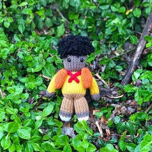 May include: A knitted doll with brown skin, black curly hair, and a yellow and orange sweater. The doll is wearing a red scarf and is standing in a bed of green leaves.