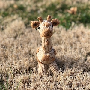 Puede incluir: Un juguete de peluche de jirafa tejido con pelaje marrón y blanco, de pie en un lecho de hierba seca.