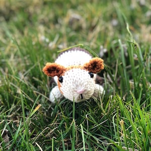 Puede incluir: Un juguete de peluche de conejillo de indias tejido de color blanco y marrón con ojos negros y una nariz rosa. El juguete está sentado en un parche de hierba verde.