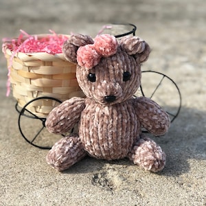 Puede incluir: Un oso de peluche marrón con un lazo rosa en la cabeza. El oso está sentado en una superficie de concreto.