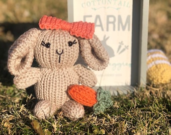 May include: A crocheted bunny rabbit toy with a pink bow, holding a carrot. The bunny is sitting on a bed of green grass with a sign that says "Cottontail Farm" in the background.