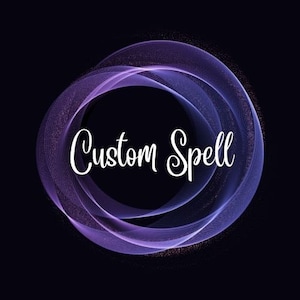 May include: Purple and pink swirling abstract design with the text "Custom Spell" in white.