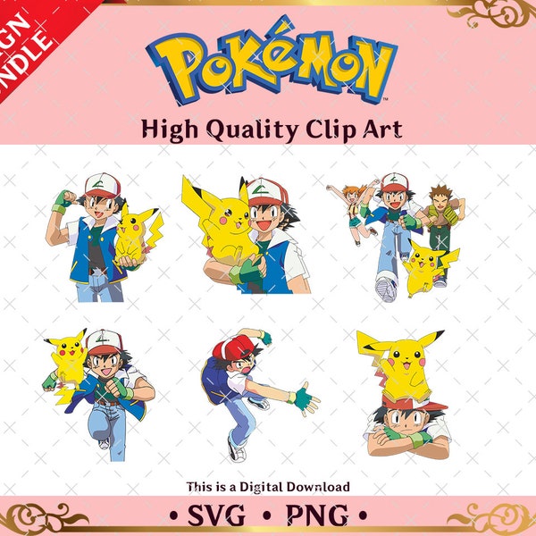 Ash and Pikachu Poke SVG PNG Clipart Bundle - Perfect for Cricut, Mugs, Stickers & T-Shirts Digital Download