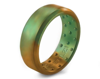 May include: A green and gold silicone ring with a textured surface and the word "ENL" printed on the side.