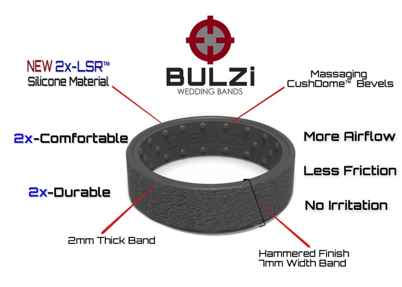 BULZi Hammered Design Massaging Comfort Fit Silicone Wedding Ring #1 Most Comfortable Men\u2019s /& Women/'s Band Flexible Work Safety Rubber Ring
