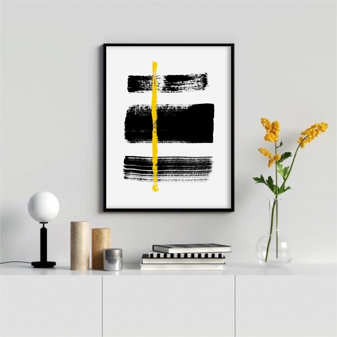 Black, White & Yellow Abstract Wall Art, Contemporary Art Print