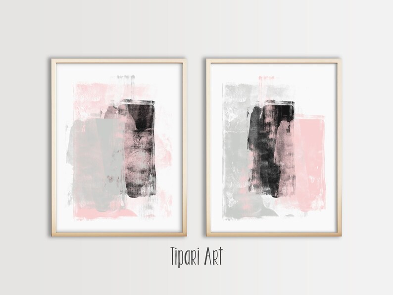 Pink Black Gray Abstract Art Print Set 2, Contemporary Abstract