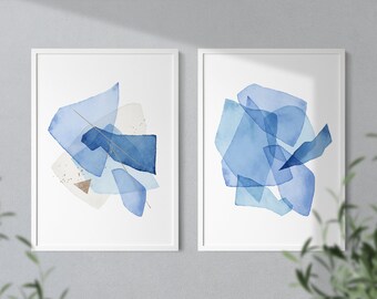 Blue Art Print Set of Two, Navy Large Wall Art, Abstract Watercolor Painting, Coastal Decor, Living Room & Bedroom Art, Canvas, Kids Room