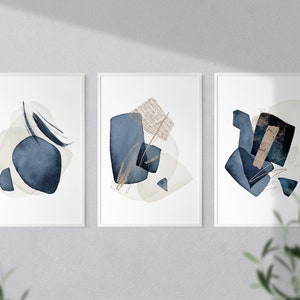 Blue Beige Art Print Set of 3, Navy Large Wall Art, Abstract Watercolor ...