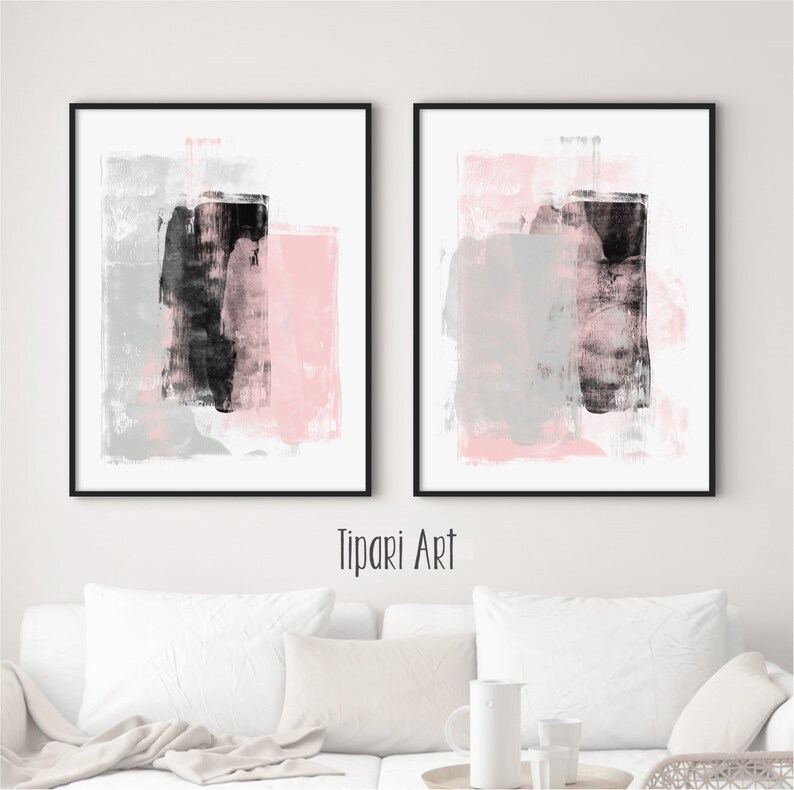 Pink Black Gray Abstract Art Print Set 2, Contemporary Abstract