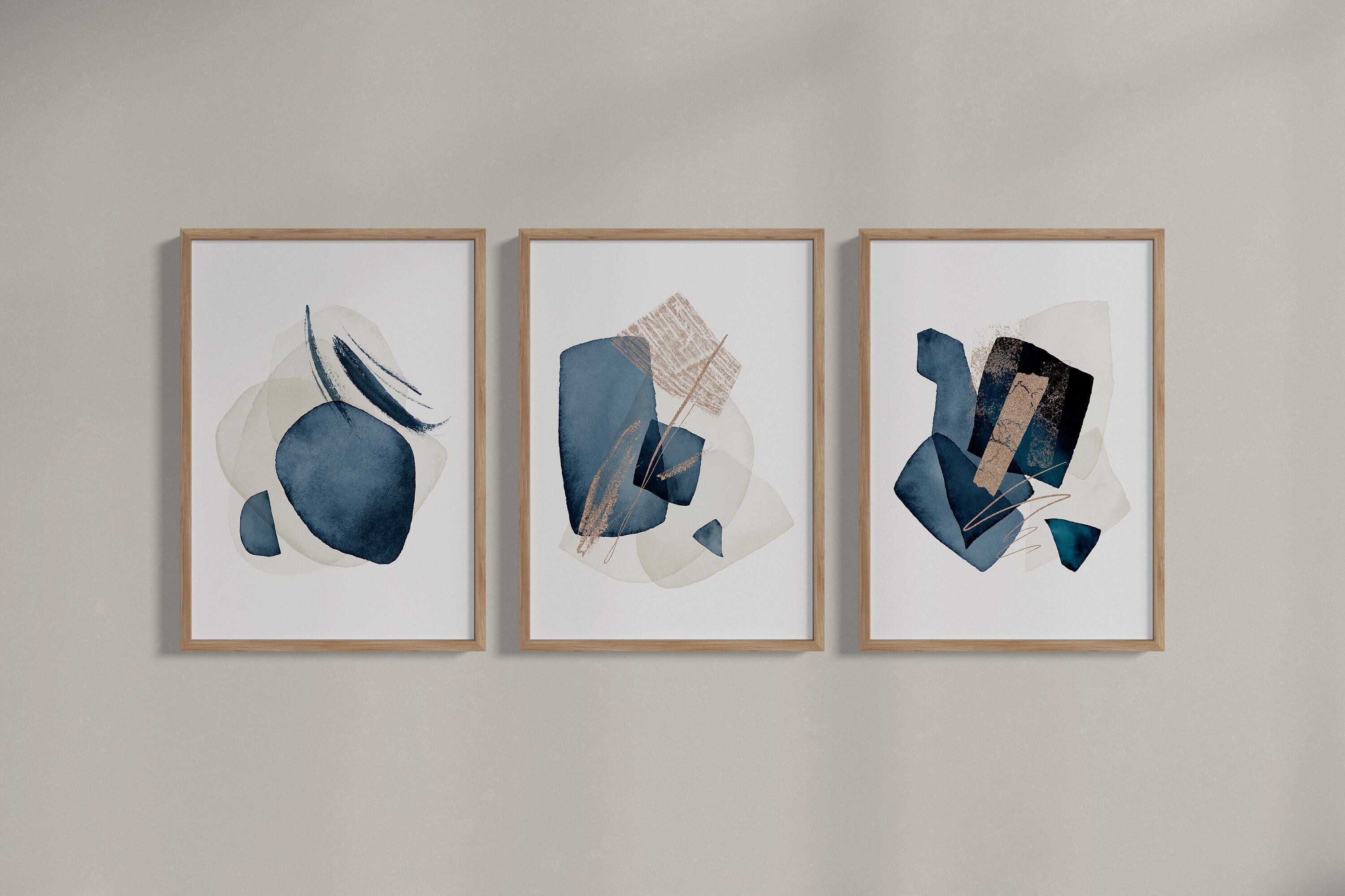 Blue Beige Art Print Set of 3, Navy Large Wall Art, Abstract Watercolor ...