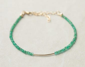 Zambian Emerald Gold Bar Bracelet, Fine Gemstone, 14K Solid Gold Emerald Bar Bracelet, High Quality Zambian Emerald