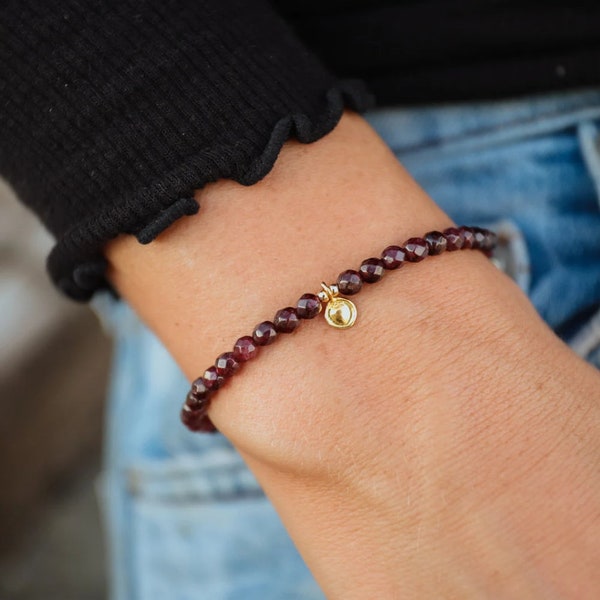 Genuine Garnet Bracelet, 14K Yellow Gold Filled, Delicate Garnet Skinny Stacking Bracelet, Tiny Beads Garnet | gift for her | July