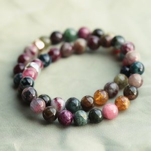 AAAA+ Tourmaline Bracelet Women Beaded Bracelet Stretch Bracelet Tourmaline Multicolor bracelet Bead Bracelet Genuine Tourmaline #0268