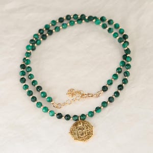Malachite gold necklace | powerful greek inspired | [ENMM1979] beaded Malachite necklace, medallion jewelry | Malachite jewelry #0000