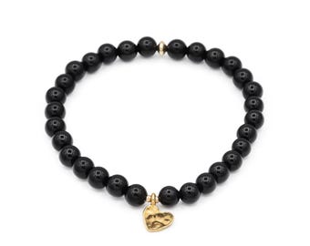 Black Tourmaline Heart, Black Tourmaline Bracelet 6mm,] Genuine Black Tourmaline, Energy Bracelet, Strength Stamina Healing W