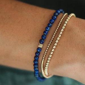 SOLID 14K GOLD Lapis Lazuli Bracelet, Genuine Lapis Lazuli Beaded Bracelet, 4mm Genuine Lapis Lazuli bracelet, 14K gold filled accents