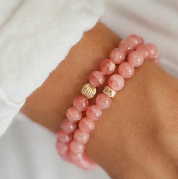 Faceted Rhodochrosite Elastic Bracelet - 6mm Beads