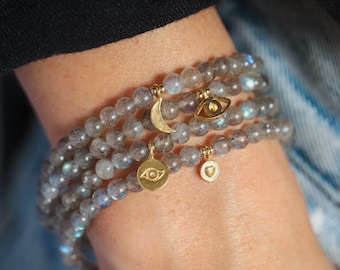 Labradorite Bracelet, Beaded Grey Gemstone Elastic Stacking Jewelry, Delicate Stretch 4mm Small Beads | Tiny bead labradorite 4mm #0105