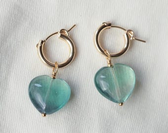 Fluorite Heart Hoop Earrings – Gold Filled Hoops, Purple Green Gemstone Earrings, Dainty Statement Jewelry