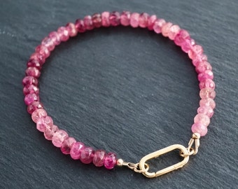 AAAA+ Pink Tourmaline bracelet | Carabiner bracelet tourmaline | ombre tourmaline jewelry | Dainty pink tourmaline bracelet